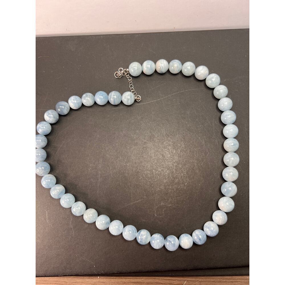 11mm Aquamarine beaded necklace with sterling silver clasp - Picture 2 of 11